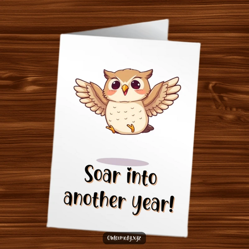 Funny Free Printable Birthday Card showing a small owl enthusiastically flapping its wings while mid-jump, celebrating with pure joy.
