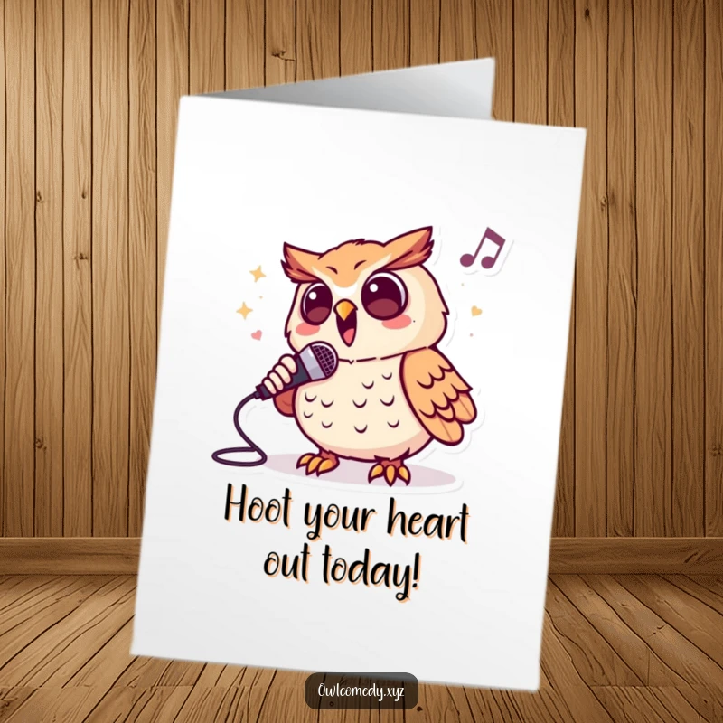 Funny Free Printable Birthday Card: An owl belting a tune into a microphone, celebrating a birthday with musical joy.