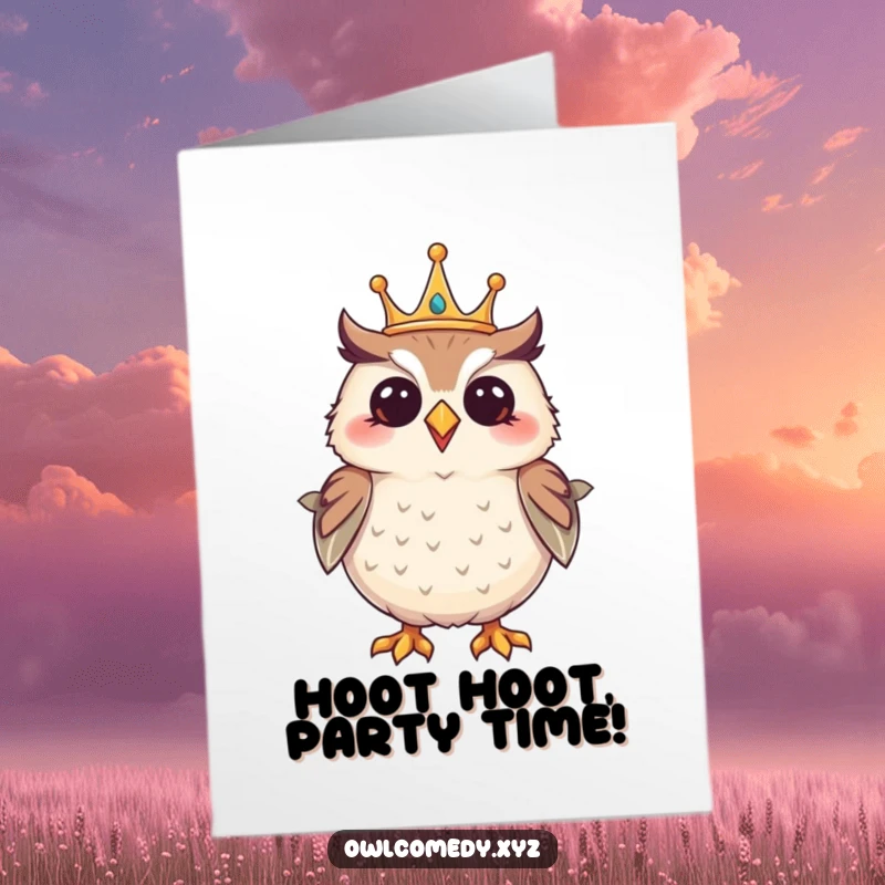 Funny Free Printable Birthday Card: Giggling owl in a crown posing with pure joy, ready for a laugh.