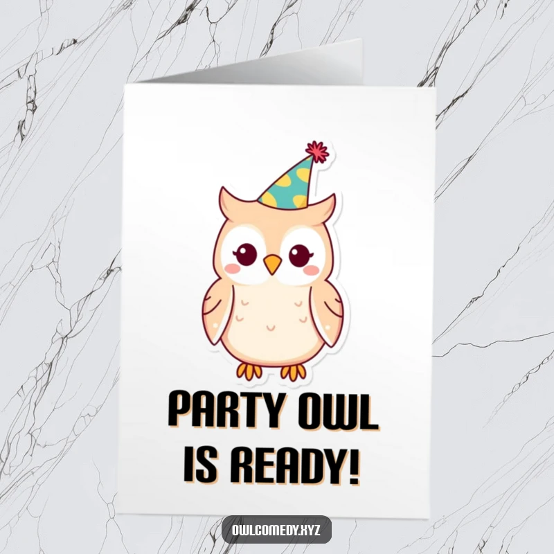 Free Printable Birthday Card: A Kawaii stylized owl wearing a small, tilted party hat, ready to celebrate a special day.