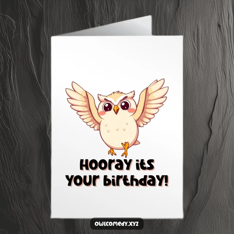 Funny Free Printable Owl Birthday Card: Energetic owl with crooked smile leaping joyfully, wings spread wide for a happy birthday.