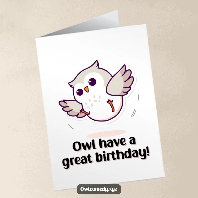 Funny Free Printable Birthday Card: A minimalist kawaii owl character performing a neat cartwheel with motion lines.