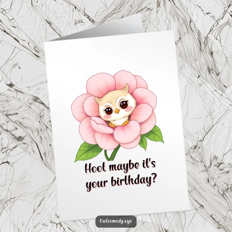 Funny Free Printable Birthday Card of a shy kawaii owl peeking adorably around a giant flower, blushing sweetly.