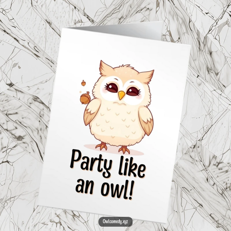 Funny Free Printable Birthday Card featuring a fluffy owl winking and expertly juggling small acorns, ready for a celebration.