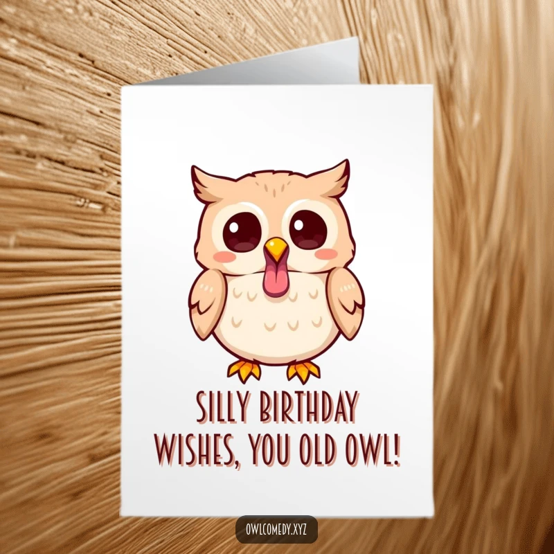 Funny Free Printable Birthday Card featuring a cute Kawaii owl sticking its tongue out playfully, with bright, mischievous eyes.