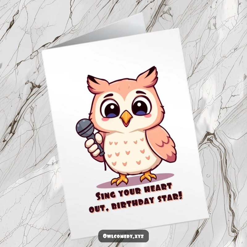 Funny Free Printable Birthday Card: Cheerful kawaii owl holding microphone, tilting head, ready to sing happy birthday.