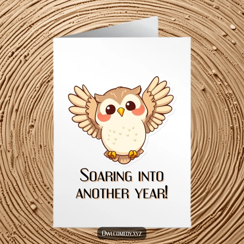 Funny Free Printable Birthday Card: A joyful owl swooping down with wide wings spread happily in flight.