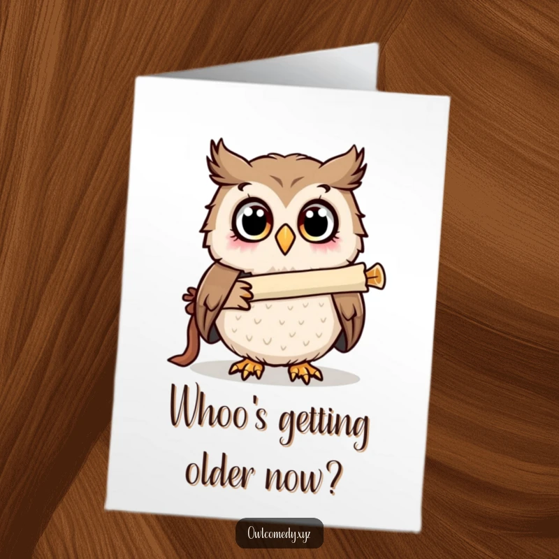 Funny Free Printable Birthday Card: A surprised owl peering through a telescope made from a rolled-up scroll.