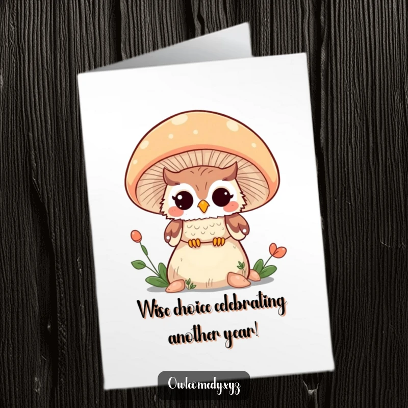 Funny Free Printable Birthday Card: Kawaii owl peeking from mushroom, winking mischievously, digital download.