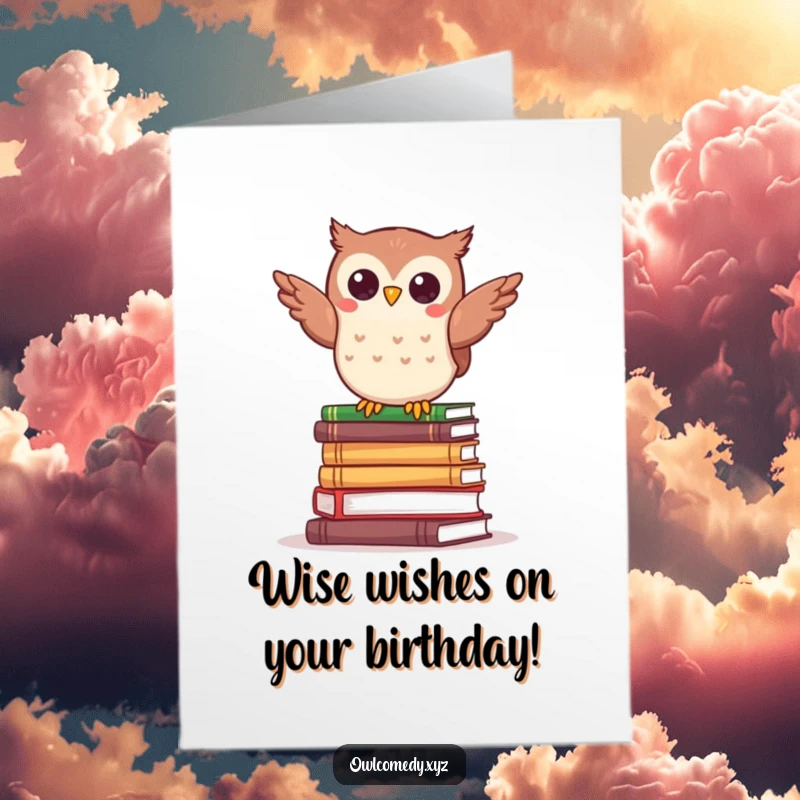 Funny Free Printable Owl Birthday Card: Kawaii owl comically balancing on a tiny book stack, a scholarly and humorous downloadable greeting.