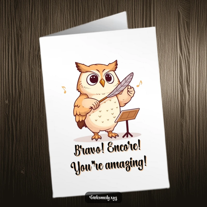Funny Free Printable Congratulations Card featuring an owl conducting an orchestra with a feather, celebrating achievements with humor.