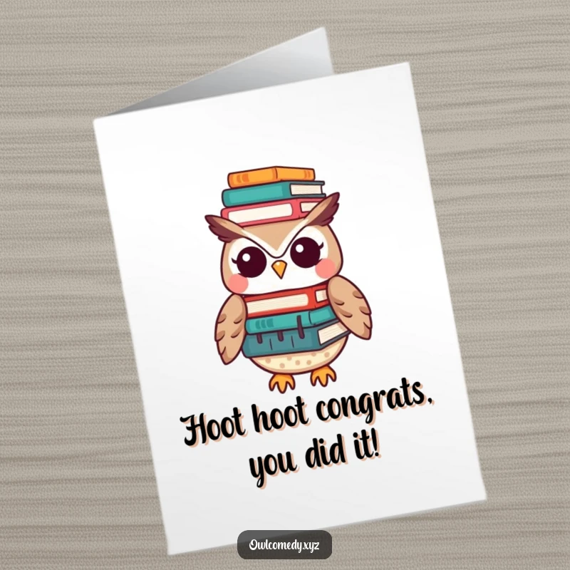 Funny Free Printable Congratulations Card showcasing a Kawaii owl balancing a tall stack of books, symbolizing intelligence and accomplishment.