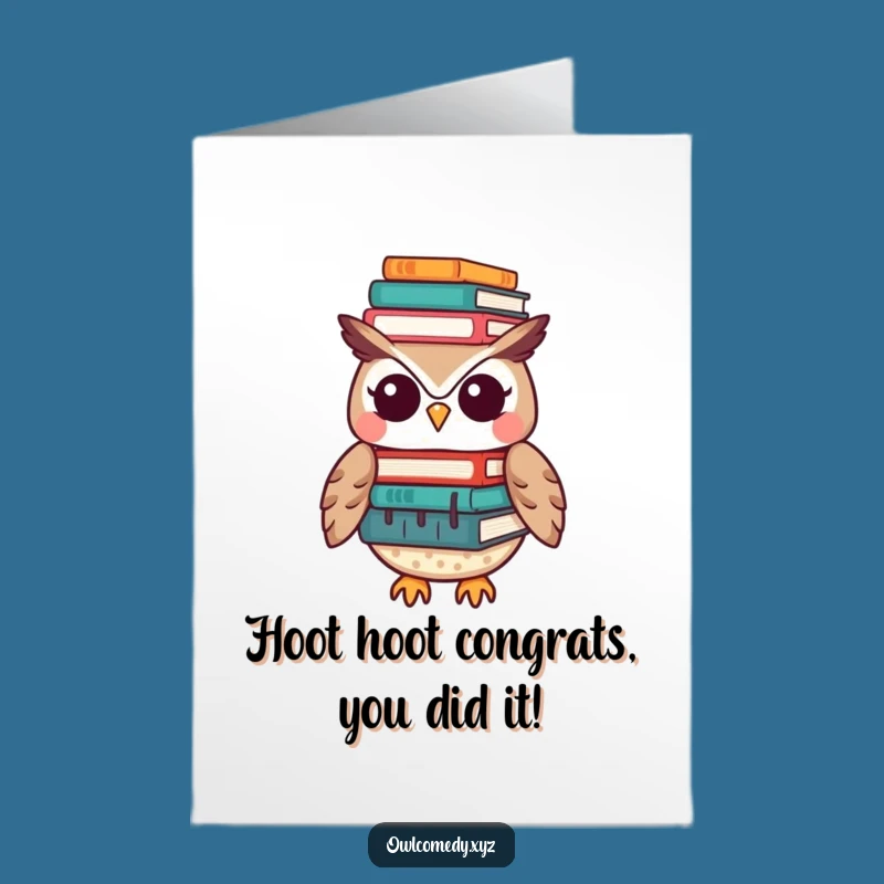 Free Printable Congrats Card: Amusing Kawaii Owl Balancing Books, Perfect Downloadable Gift for Achievements