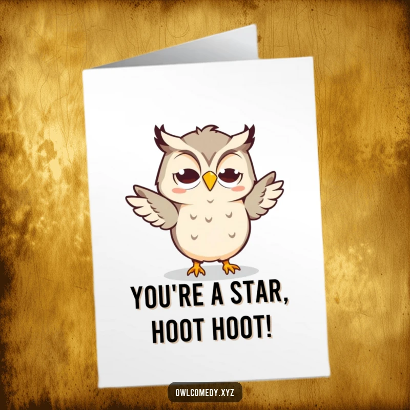 Funny Free Printable Congratulations Card: A Kawaii owl with a goofy grin performing a silly, happy dance.