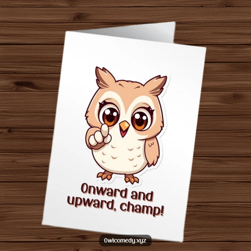 Funny Free Printable Congrats Card: An owl with wide, excited eyes, pointing forward to celebrate success.