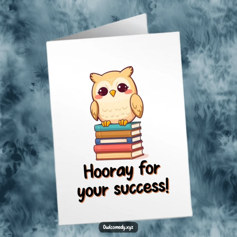 Funny Free Printable Congratulations Card: Kawaii owl gleefully knocking over a pile of books, signifying a messy success.