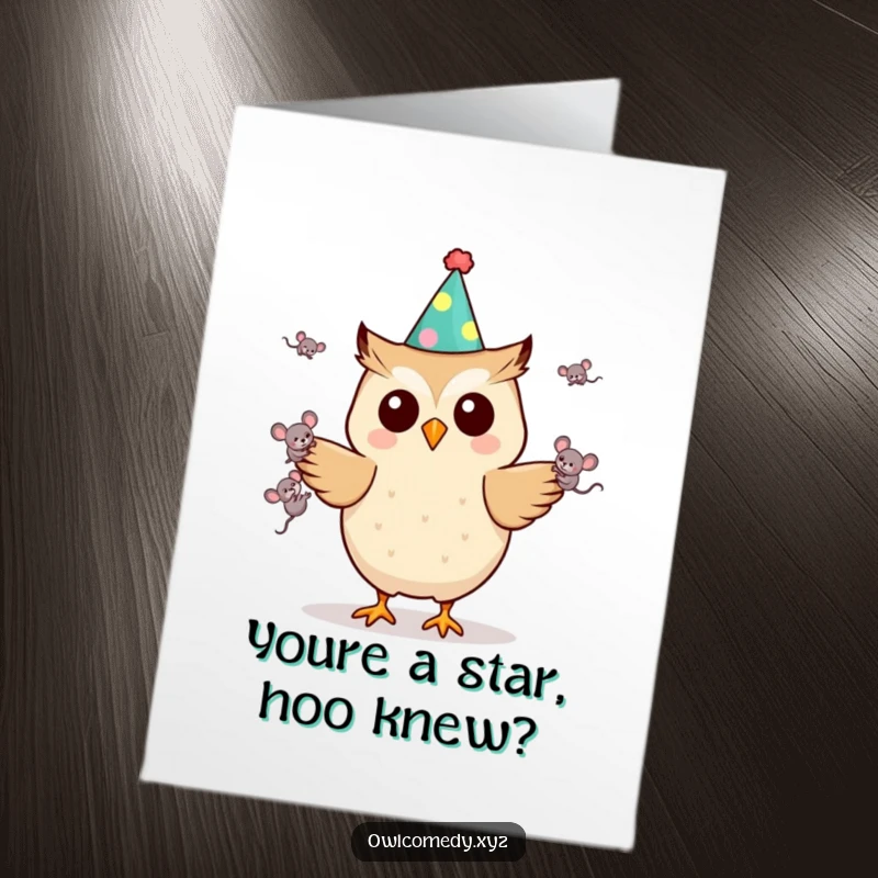 Funny Free Printable Congratulations Card: A Kawaii owl wearing a party hat, skillfully juggling tiny mice in celebration.