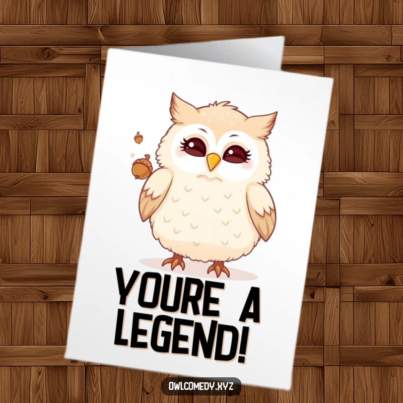 Funny Free Printable Congratulations Card showing a fluffy owl winking while juggling tiny acorns, celebrating success with humor.