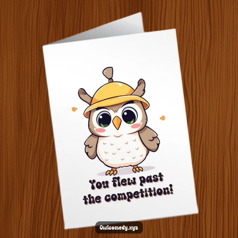 Free Printable Congratulations Card of a kawaii owl's propeller hat spinning wildly, expressing delighted surprise at good news.