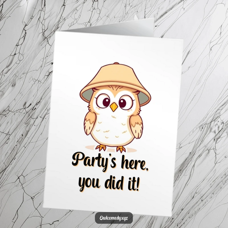 Funny Free Printable Congratulations Card: An owl sporting a lampshade as a hat, looking surprised, perfect for unexpected achievements.