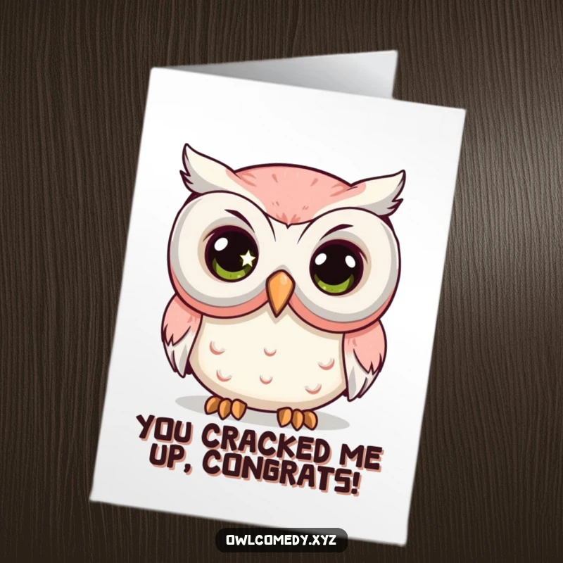 Funny Free Printable Congratulations Card: A kawaii owl with a large sparkling eye peeking over an oversized comedy mask in celebration.