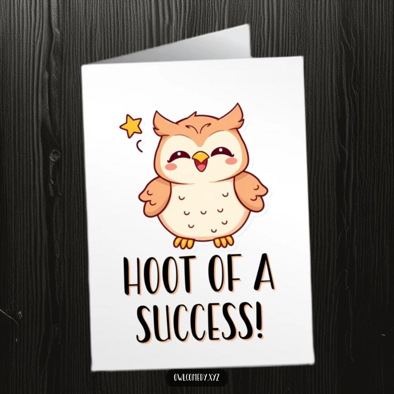Funny Free Printable Congratulations Card: Delighted kawaii owl laughing, speech bubble with star, ideal for joyous DIY celebrations.
