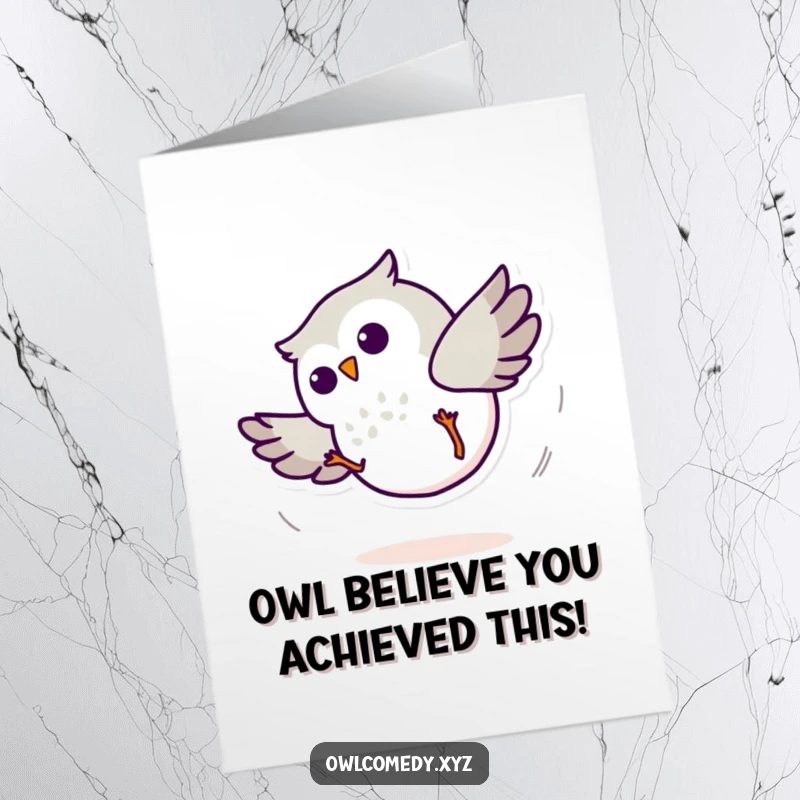 Funny Free Printable Congratulations Card: A minimalist kawaii owl character doing a cartwheel, celebrating your fantastic news.