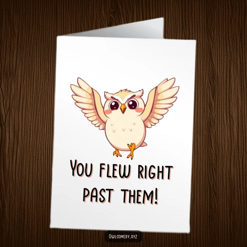 Funny Free Printable Owl Congratulations Card: Ecstatic owl leaping with wings spread, celebrating a big win with a crooked smile.