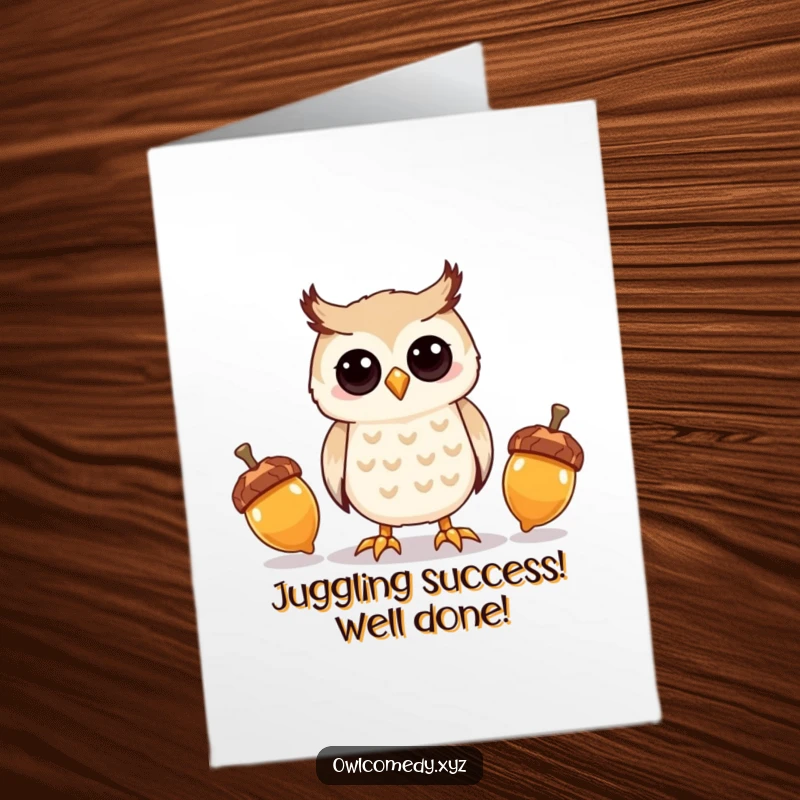 Funny Free Printable Owl Congratulations Card: Kawaii owl attempting to juggle acorns, a humorous celebration of skills, downloadable.
