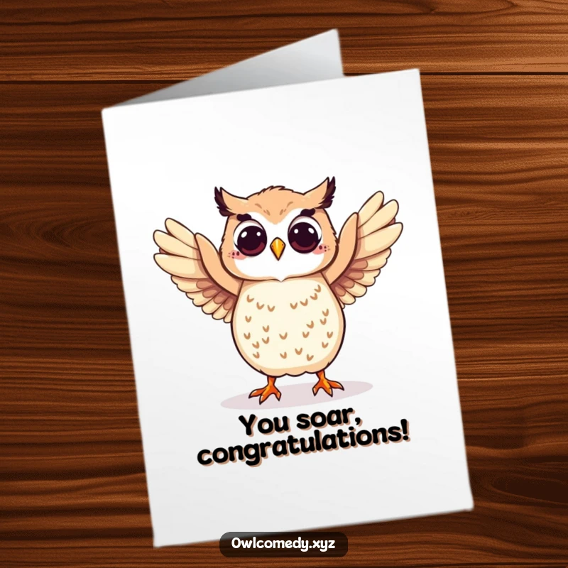 Funny Free Printable Congratulations Card: Playful owl dancing with wings spread, expressing pure celebratory joy.