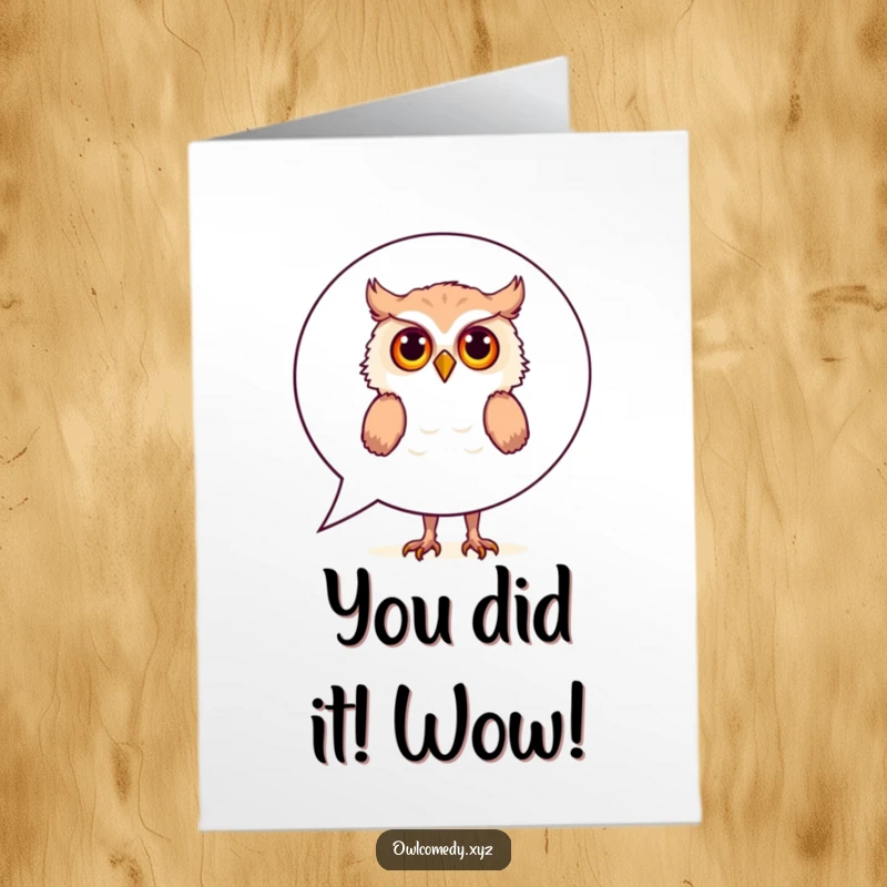 Funny Free Printable Congratulations Card: Curious owl peeking from a speech bubble, sharing exciting news with a smile.