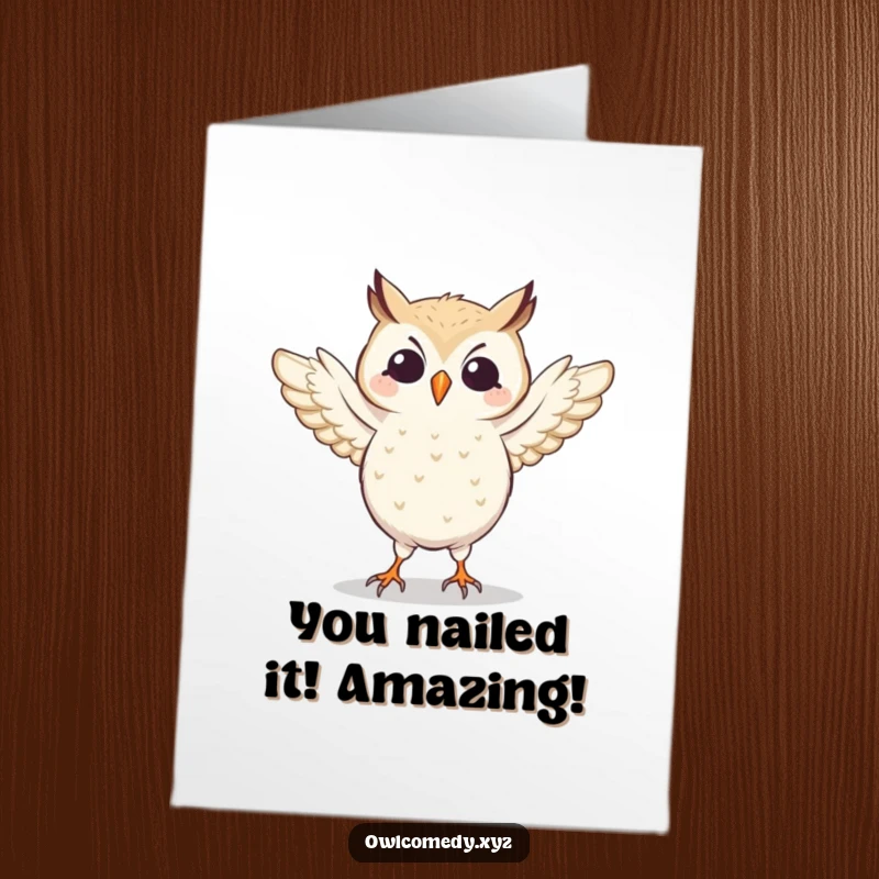 Funny Free Printable Congratulations Card: Owl dancing sillily, wings flapping rhythmically, celebratory and humorous, downloadable.