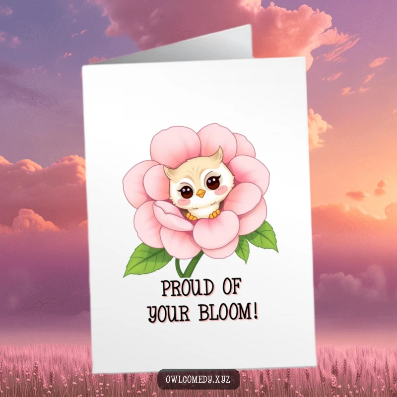 Funny Free Printable Congratulations Card featuring a shy kawaii owl blushing as it peeks around a large flower.