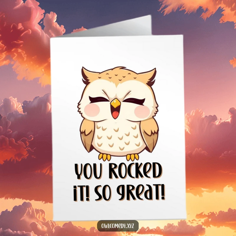 Funny Free Printable Congratulations Card: Sleepy owl mid-yawn, small giggle escaping, humorous and cute, downloadable.