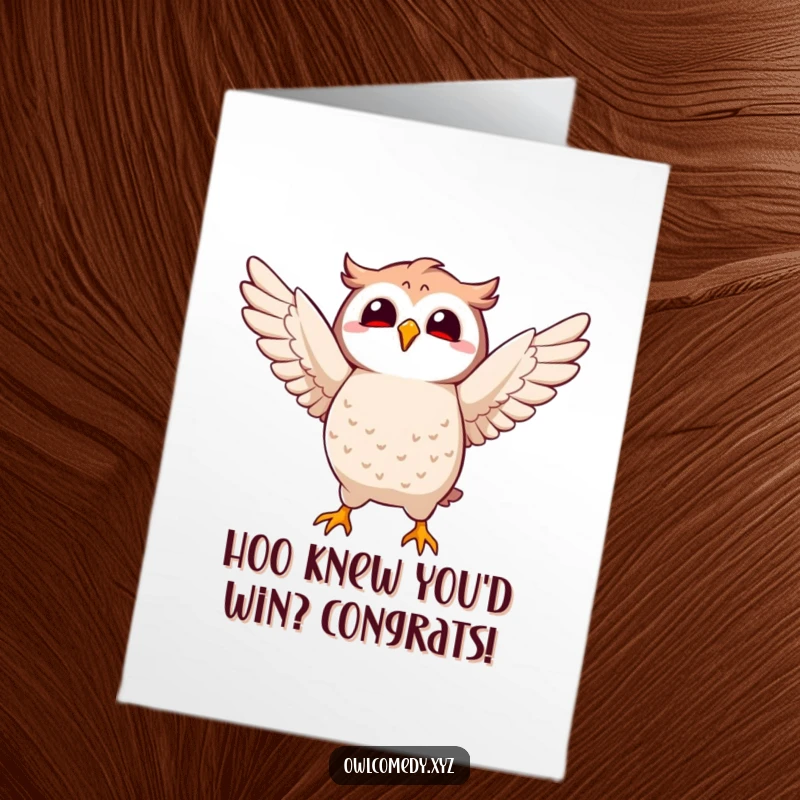 Funny Free Printable Congratulations Card: Kawaii owl character joyfully flapping its wings mid-air, celebrating achievements with upbeat motion.