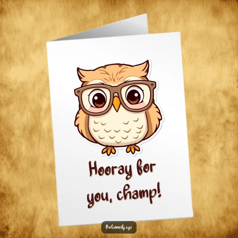 Funny Free Printable Congratulations Card: Owl wearing huge glasses, looking surprised and delighted, perfect for celebrating.