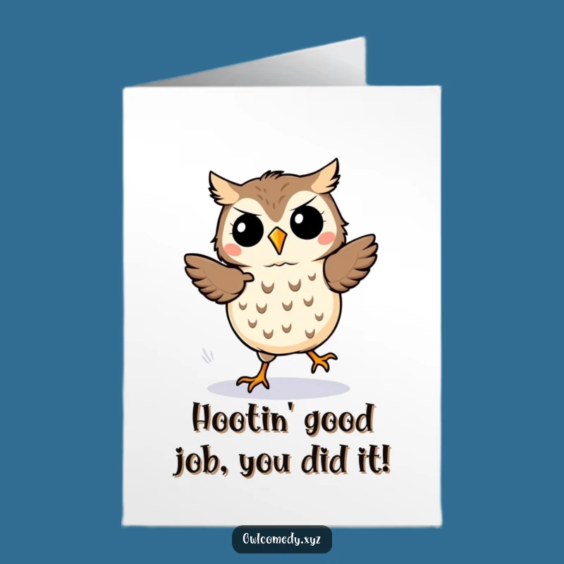 Free Printable Congrats Card: Joyful Dancing Kawaii Owl, Exciting Downloadable Greeting for Success!