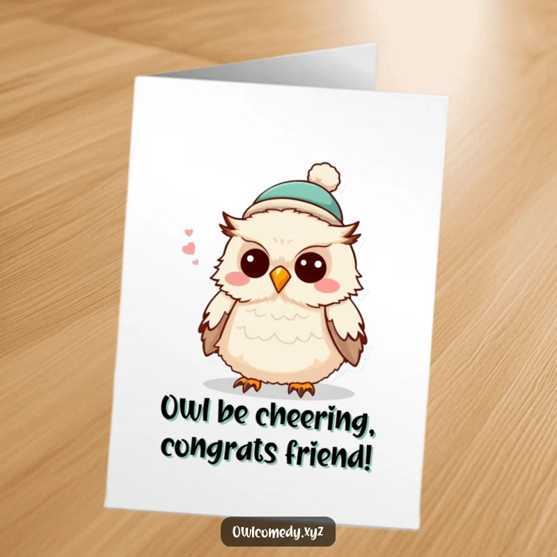 Funny Free Printable Congrats Card: A fluffy owl in a small hat, looking mischievous as it tells a joke.
