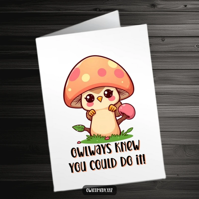 Funny Free Printable Owl Congratulations Card: A cute Kawaii owl peeking from a mushroom, perfect for celebrating achievements, a downloadable gem.