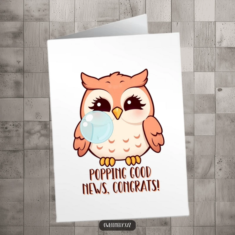 Free Printable Congratulations Card: Kawaii owl with puffed cheeks blowing a bubble, cheerful design.