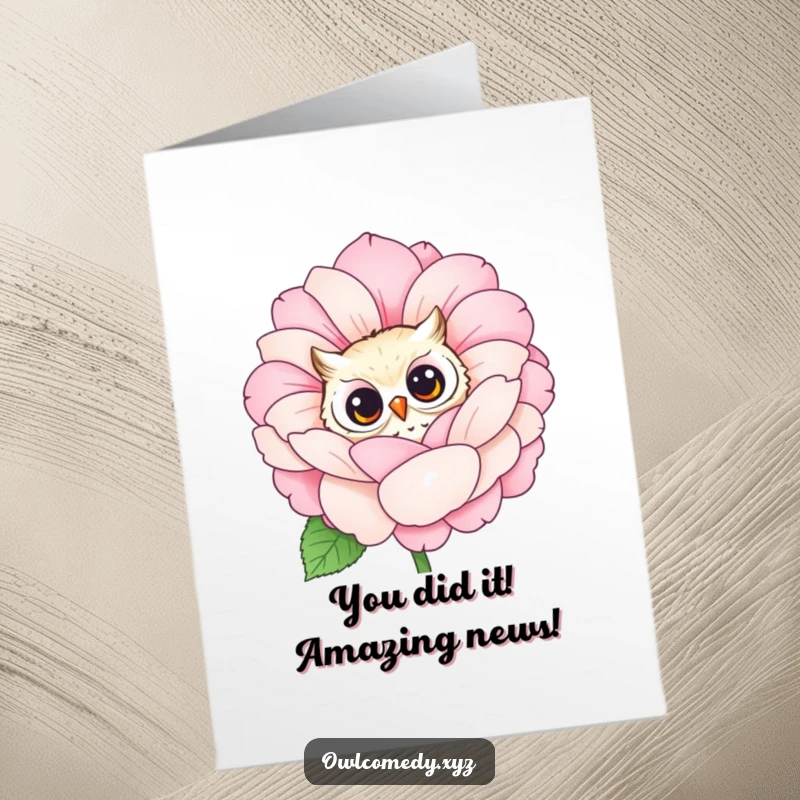 Funny Free Printable Congratulations Card: Owl curiously peeking from a big flower, delightful and congratulatory, downloadable.