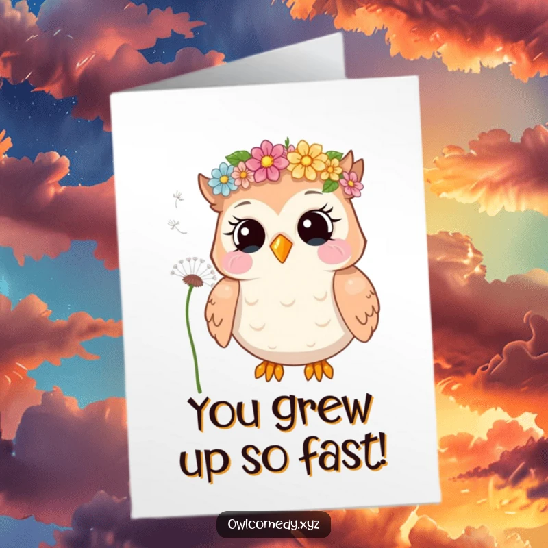 Funny Free Printable Congratulations Card: Giggling owl in flower crown blowing dandelion seeds, symbolizing new beginnings and spread joy.