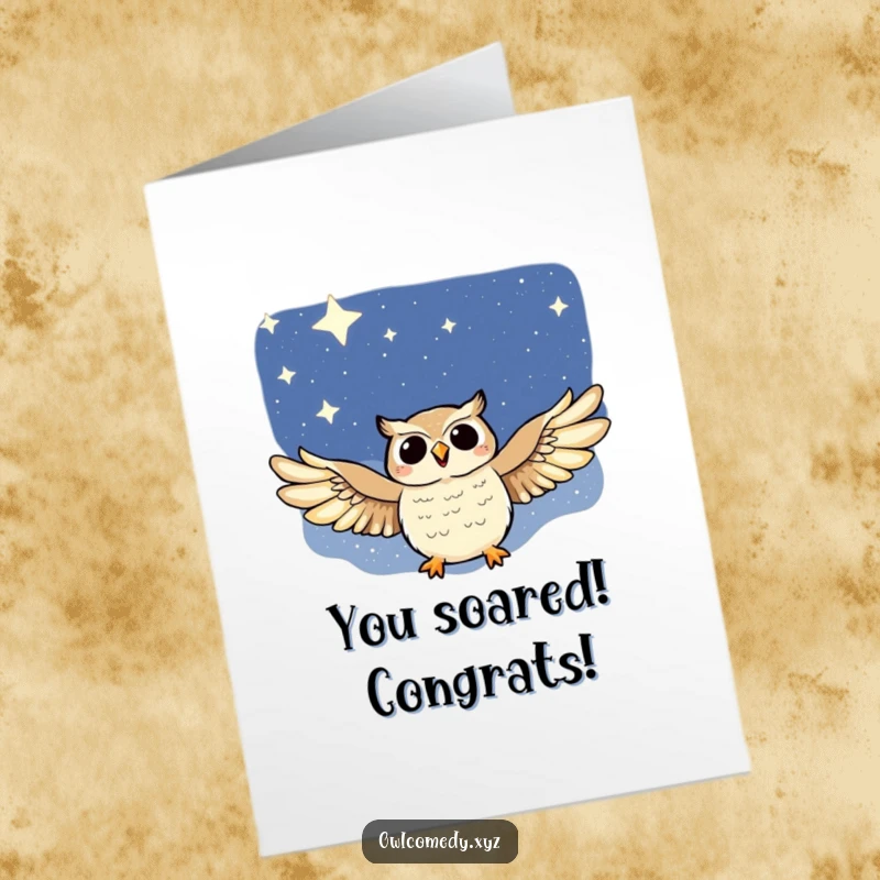 Free Printable Congratulations Card: A majestic owl gliding through a starry night, symbolizing grand achievements and boundless possibilities.