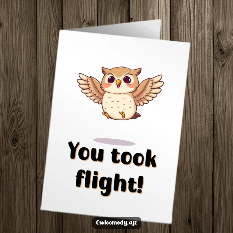 Funny Free Printable Congratulations Card of a small owl energetically flapping wings mid-jump, signifying achievement and excitement.