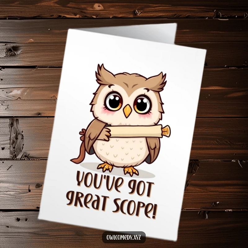 Funny Free Printable Congratulations Card: Surprised owl looking intently through a telescope fashioned from a scroll.
