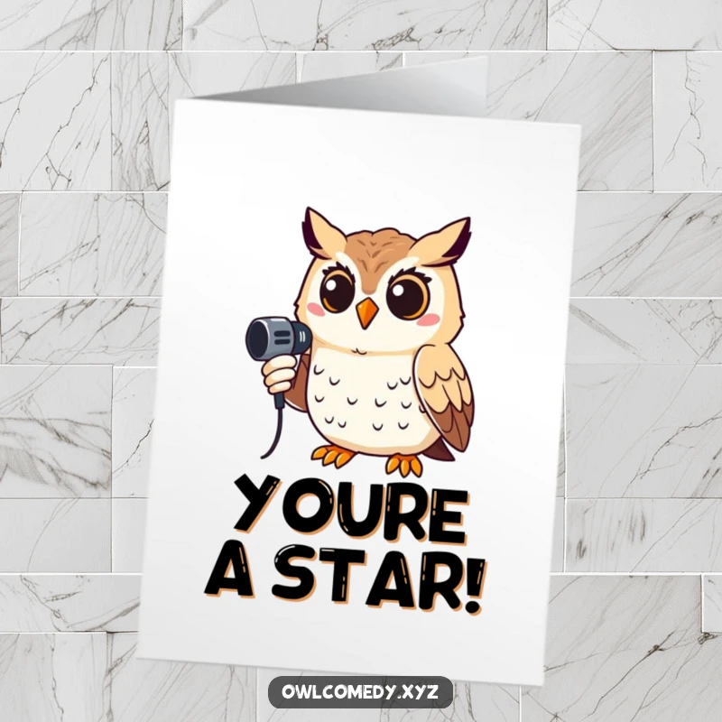 Funny Free Printable Congratulations Card showing a smiling owl holding a microphone, ready to belt out a tune for their achievement.