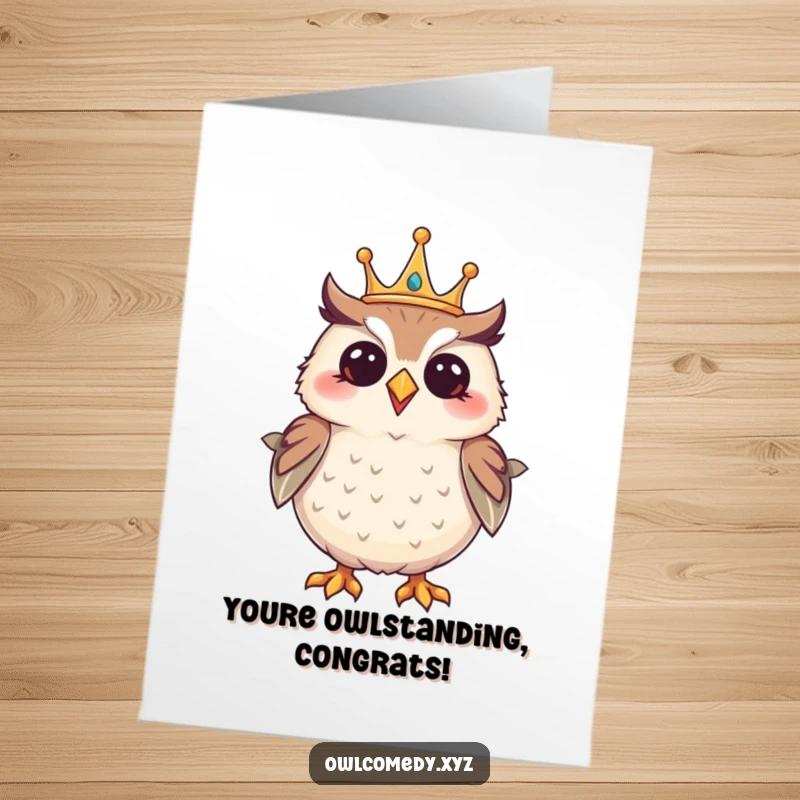 Funny Free Printable Congratulations Card: Giggling owl wearing a crown strikes a proud, celebratory pose.