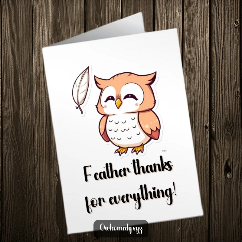 Free Printable Thank You Card: A Kawaii owl looking completely surprised by a lone feather drifting through the air.