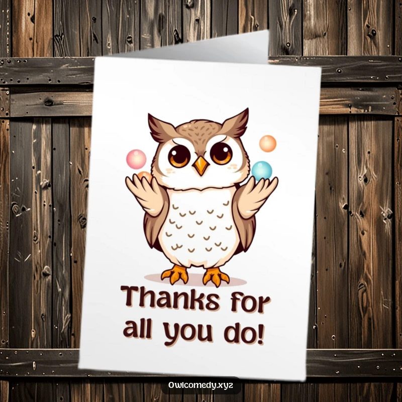 Funny Free Printable Thank You Card of a playful kawaii owl magically juggling glowing orbs, conveying thanks.