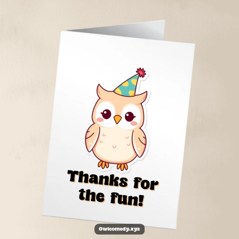 Free Printable Thank You Card: A Kawaii stylized owl wearing a jaunty, tilted party hat, ready to express gratitude.